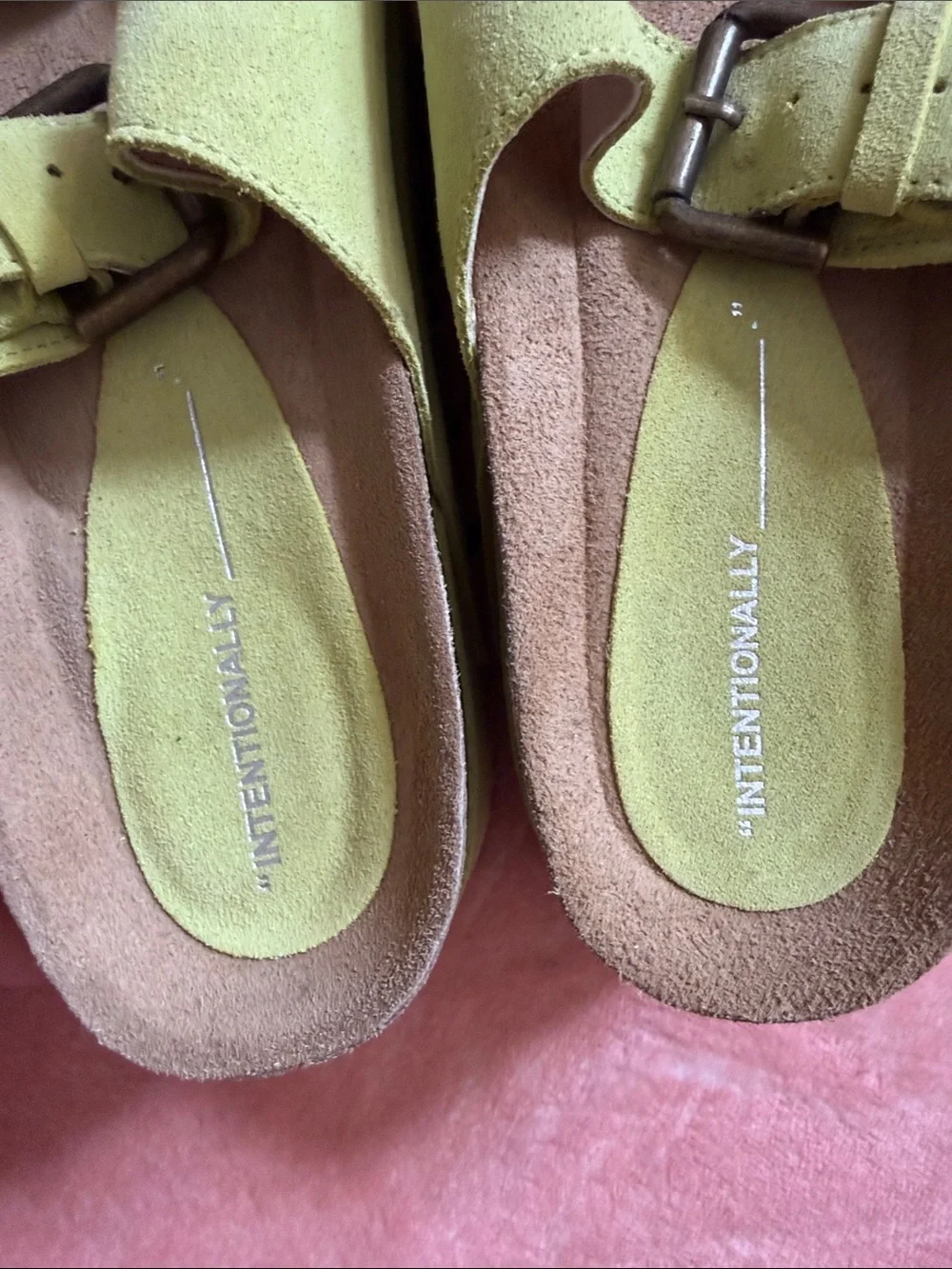INTENTIONALLY BLANK Lime Green Double-Buckle Platform Slides